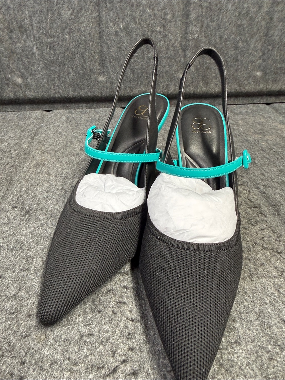 Cozy Island Black Pointed Slingback Heels with Turquoise Strap - Picture 8 of 9